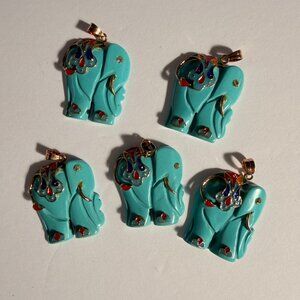 Vintage Carved Turquoise Elephant Pendant – Good Luck Charm – Gold Plated